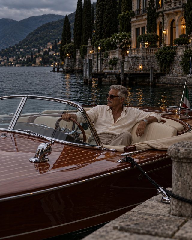 A man in an ivory linen shirt at the wheel of a varnished wooden Riva boat by a lakeside villa.