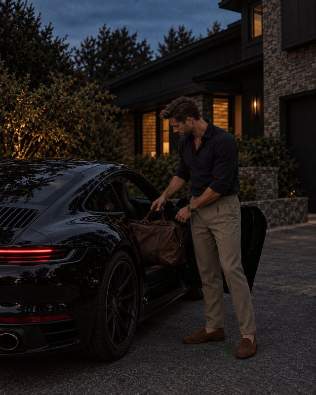 A man in a dark shirt and beige trousers opens the door of a black Porsche outside a modern house.