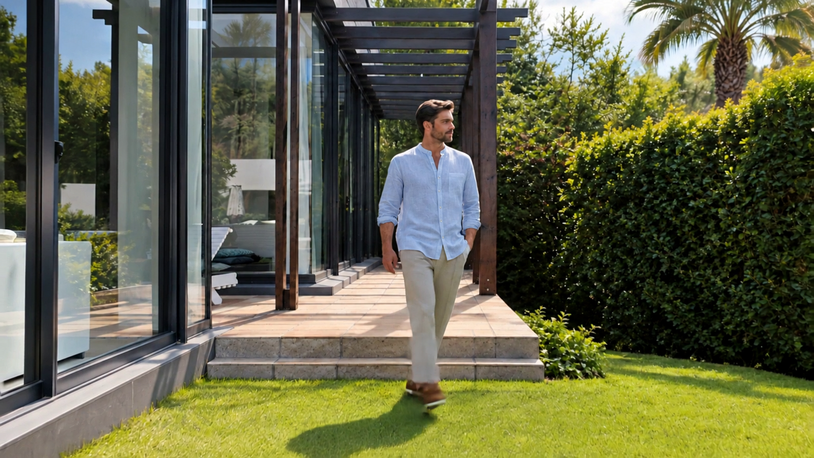 A man in a light-blue shirt and beige trousers walks on a lawn beside a glass-fronted building and garden.
