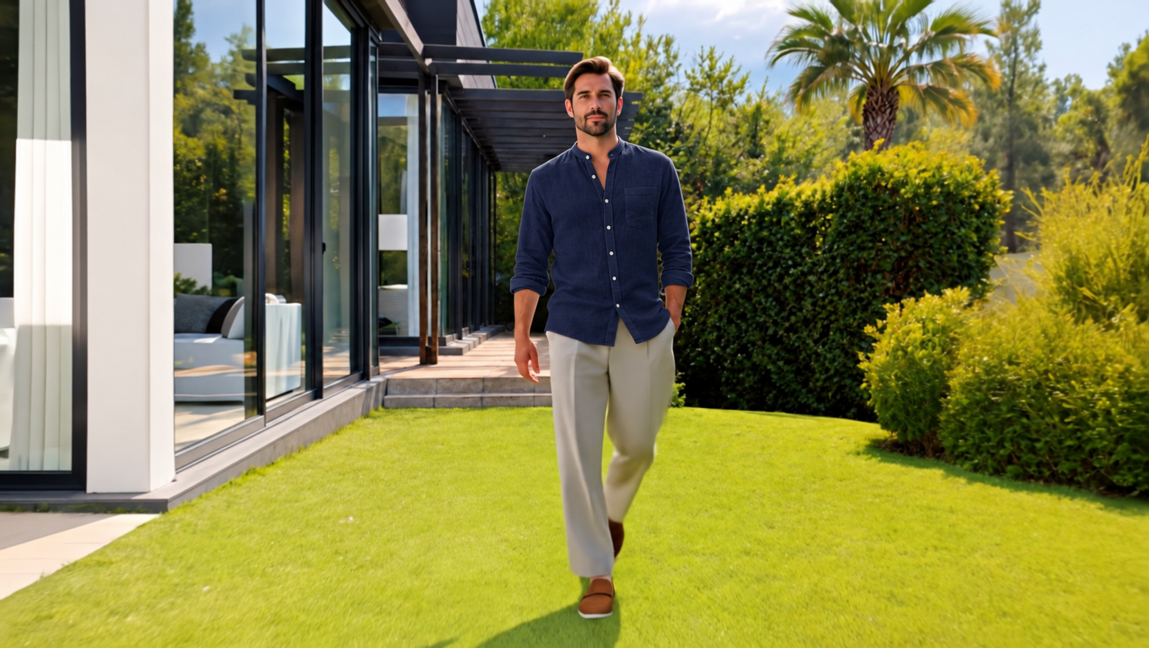 A man wearing a navy shirt in the garden.