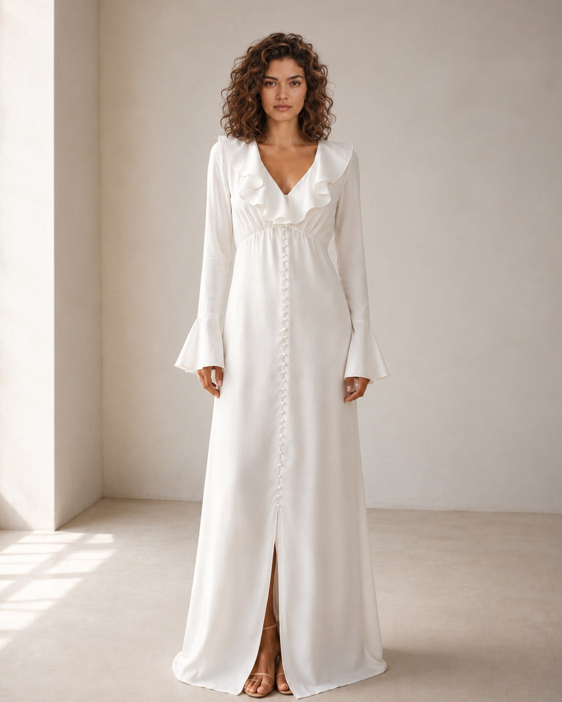 Pearl Button Ruffle Midi Dress