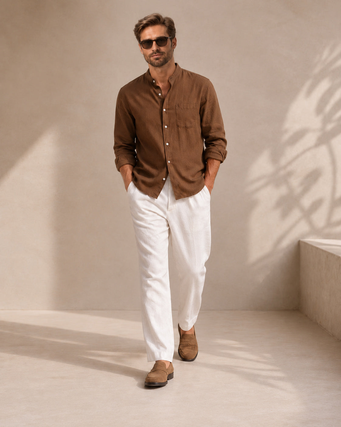 Men’s Mandarin Collar Shirt – Relaxed Fit Textured Cotton Shirt