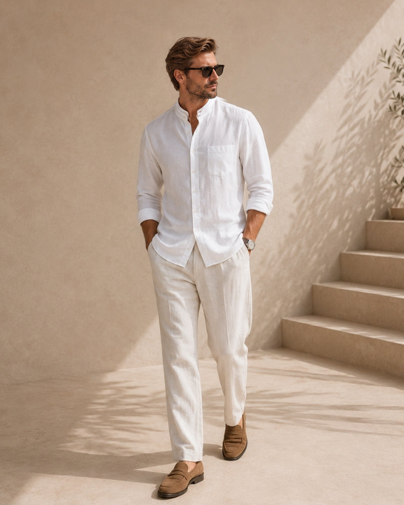 Men’s Mandarin Collar Shirt – Relaxed Fit Textured Cotton Shirt
