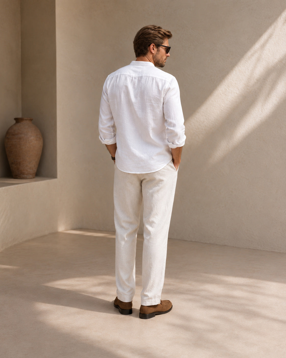 Men’s Mandarin Collar Shirt – Relaxed Fit Textured Cotton Shirt