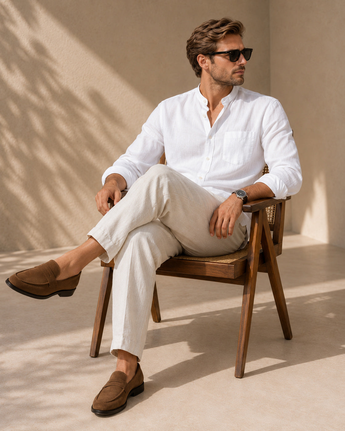 Men’s Mandarin Collar Shirt – Relaxed Fit Textured Cotton Shirt