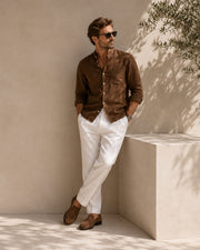 Men’s Mandarin Collar Shirt – Relaxed Fit Textured Cotton Shirt