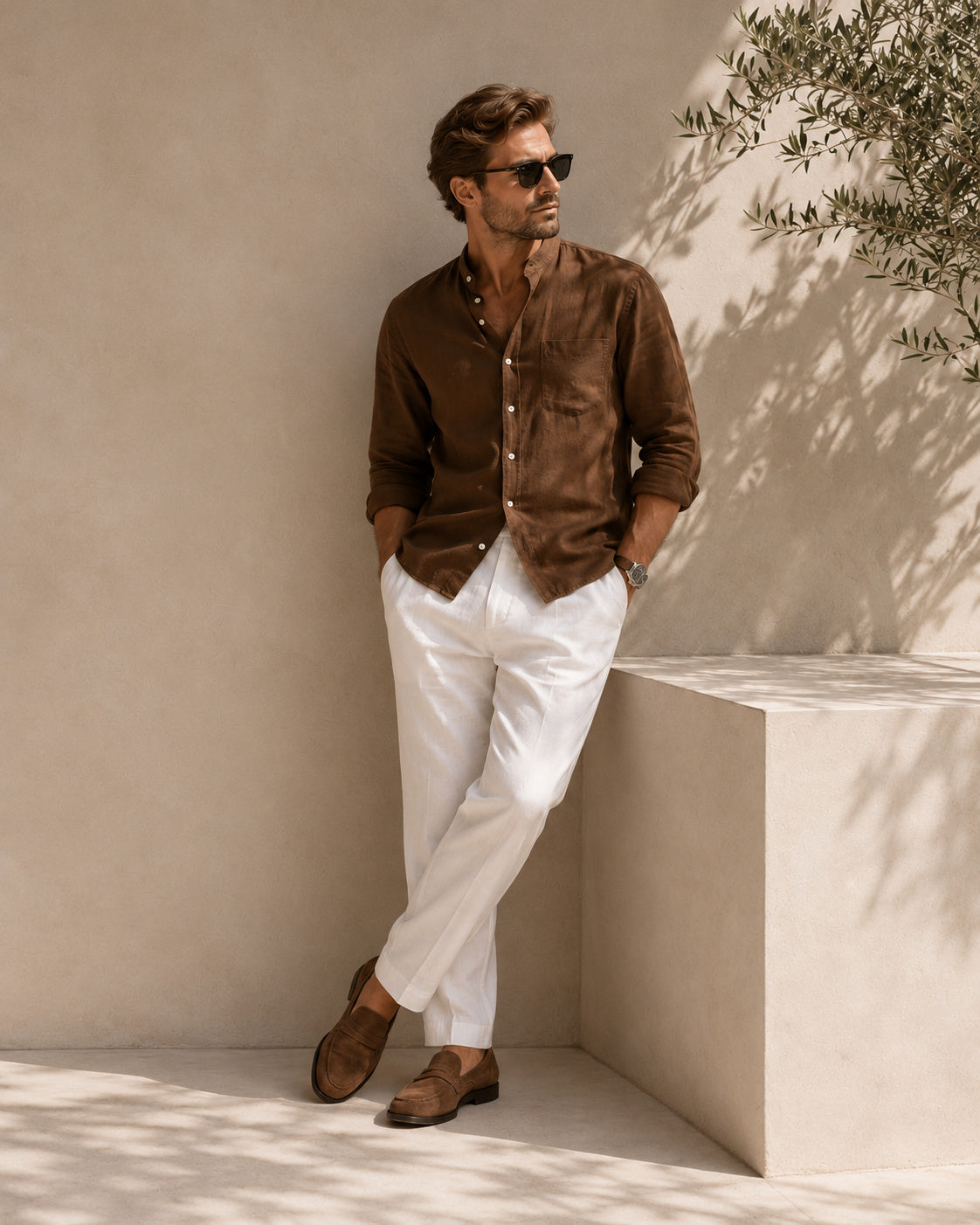 Men’s Mandarin Collar Shirt – Relaxed Fit Textured Cotton Shirt