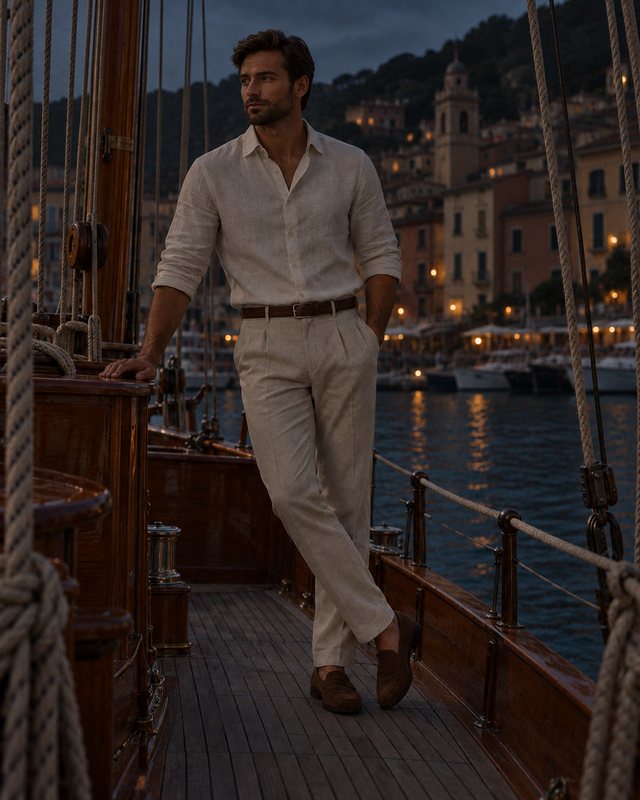 A man in an ivory shirt and cream trousers on the deck of a wooden sailboat at dusk.