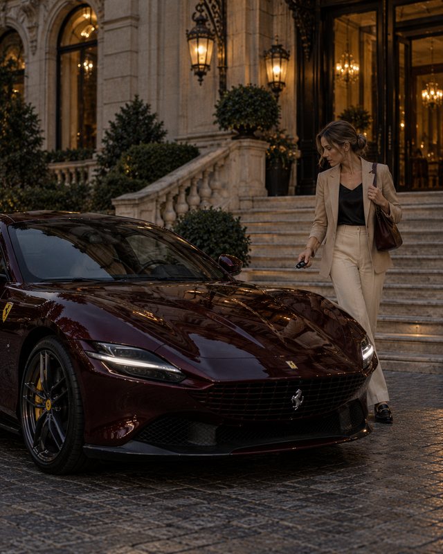 A woman in a beige jacket walks past a dark red Ferrari outside a lit hotel at dusk.