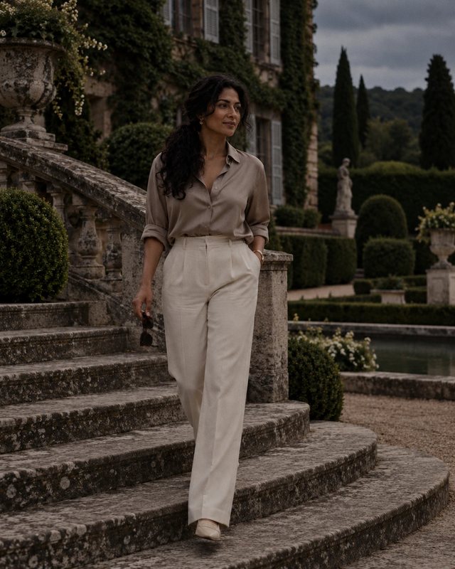 A woman in a taupe silk shirt and cream trousers walks down stone steps in a formal garden.