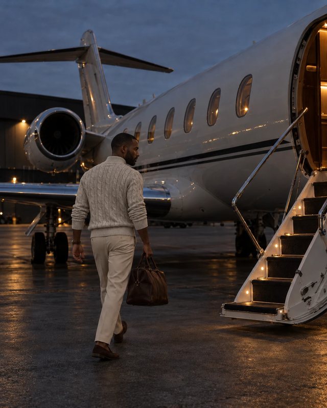 A man in a cream cable-knit sweater walks toward the steps of a private jet.