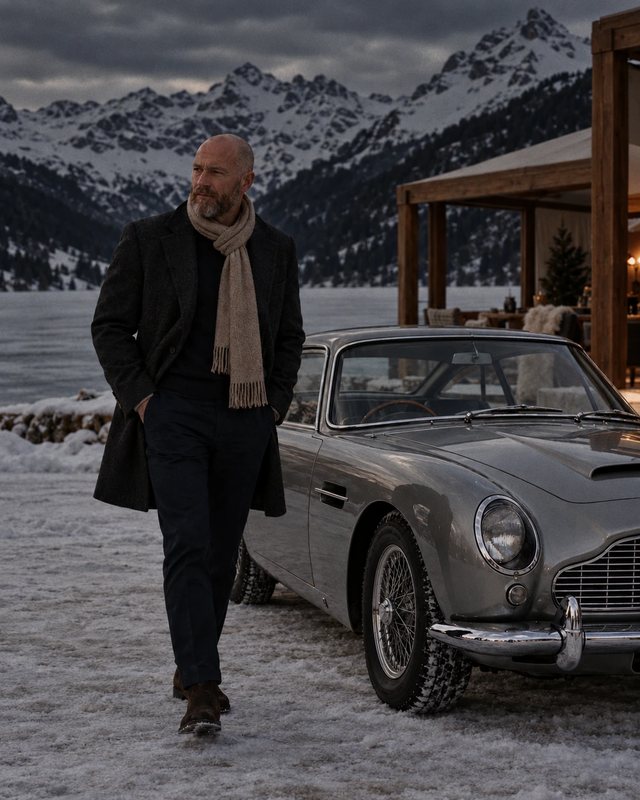 A man in a dark coat and camel scarf walks past a silver Aston Martin in the snow.