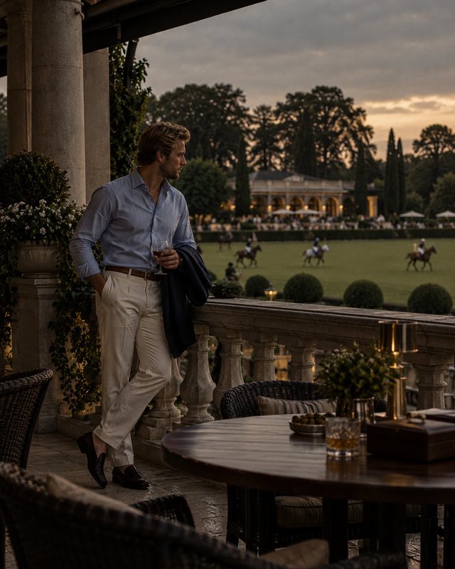 A man in a blue shirt and cream trousers leans on a terrace balustrade above a polo match at sunset.