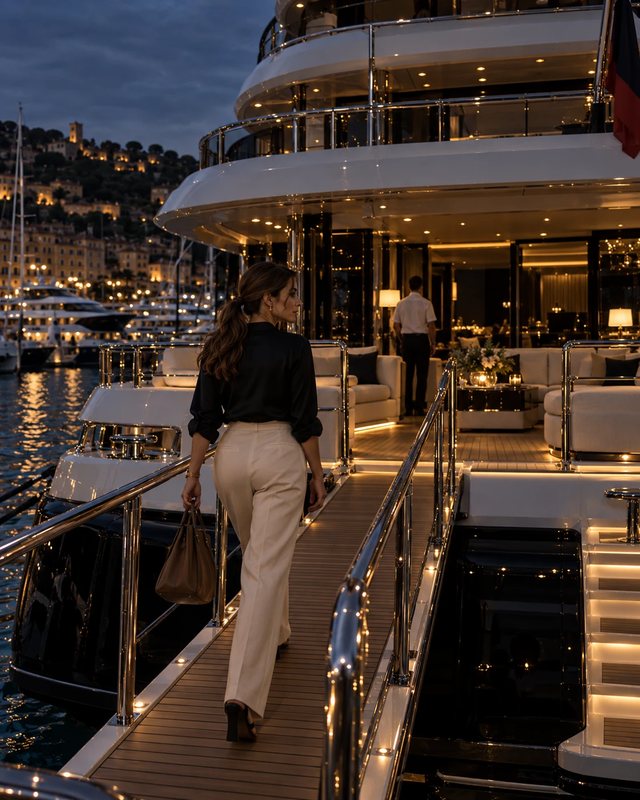 A woman in a black blouse and cream trousers walks up the gangway of a superyacht at night.