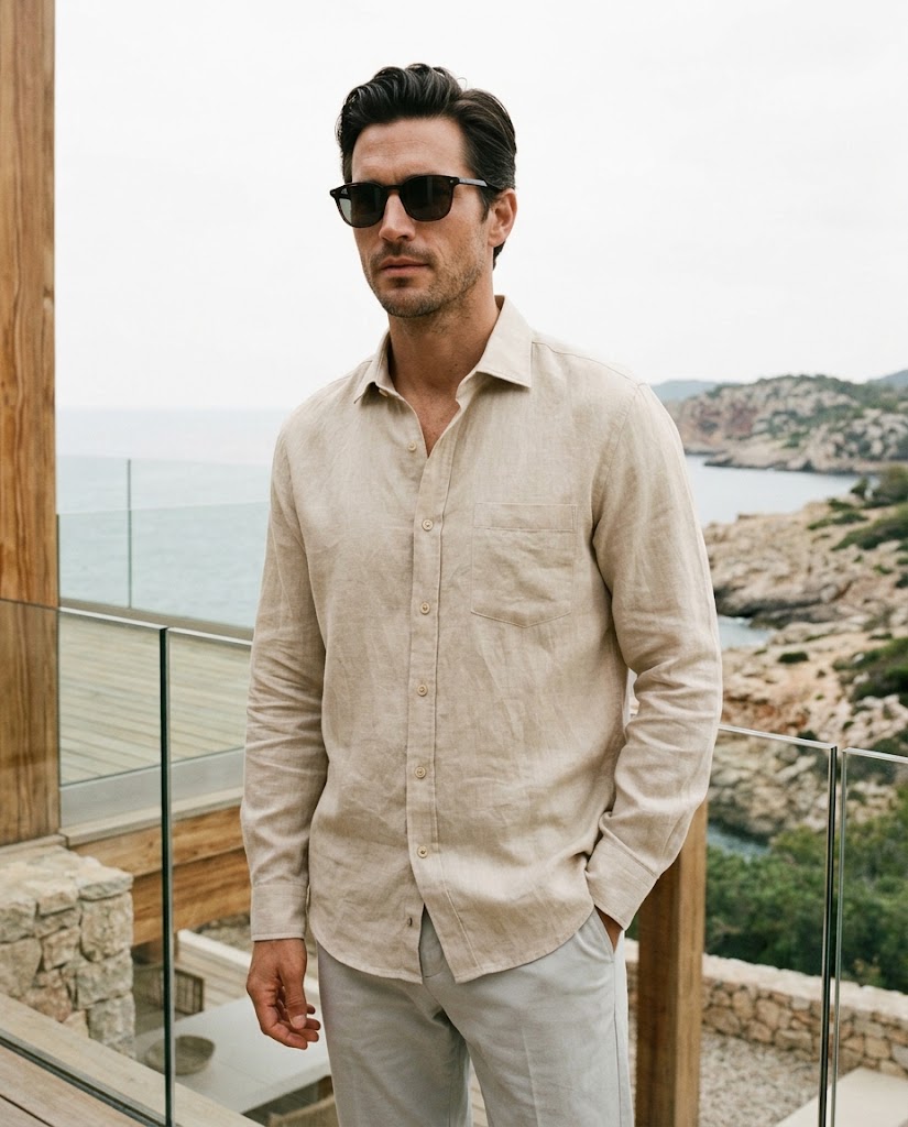 Man wearing a beige linen shirt on a seaside terrace