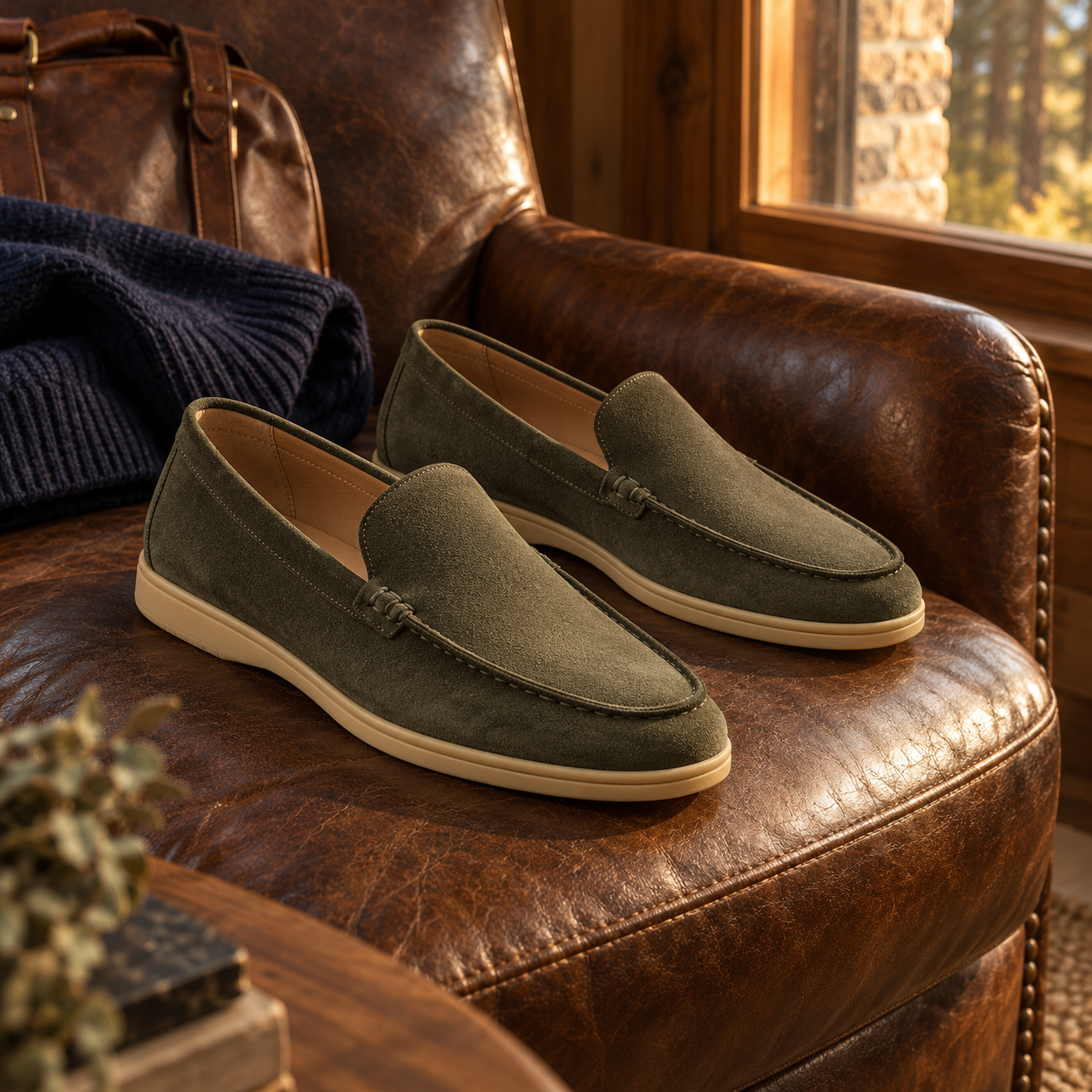 A pair of olive loafers with beige soles rests on a brown leather chair beside folded navy knitwear.