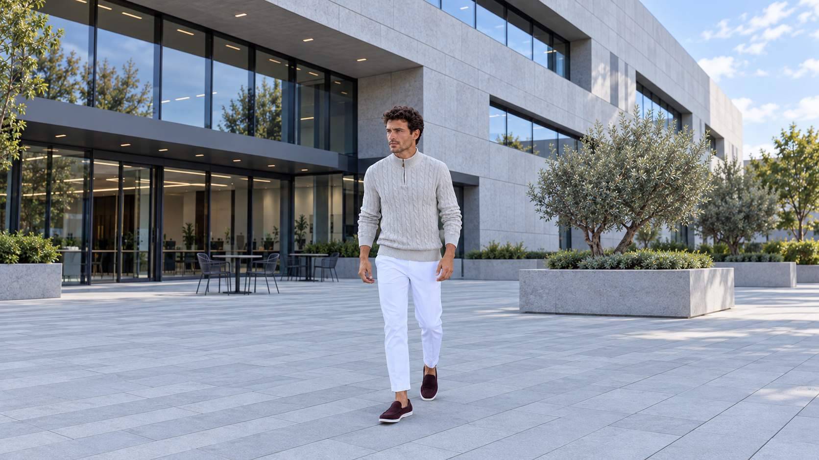 A man in a grey half-zip sweater and white trousers stands in front of a modern stone-and-glass building.