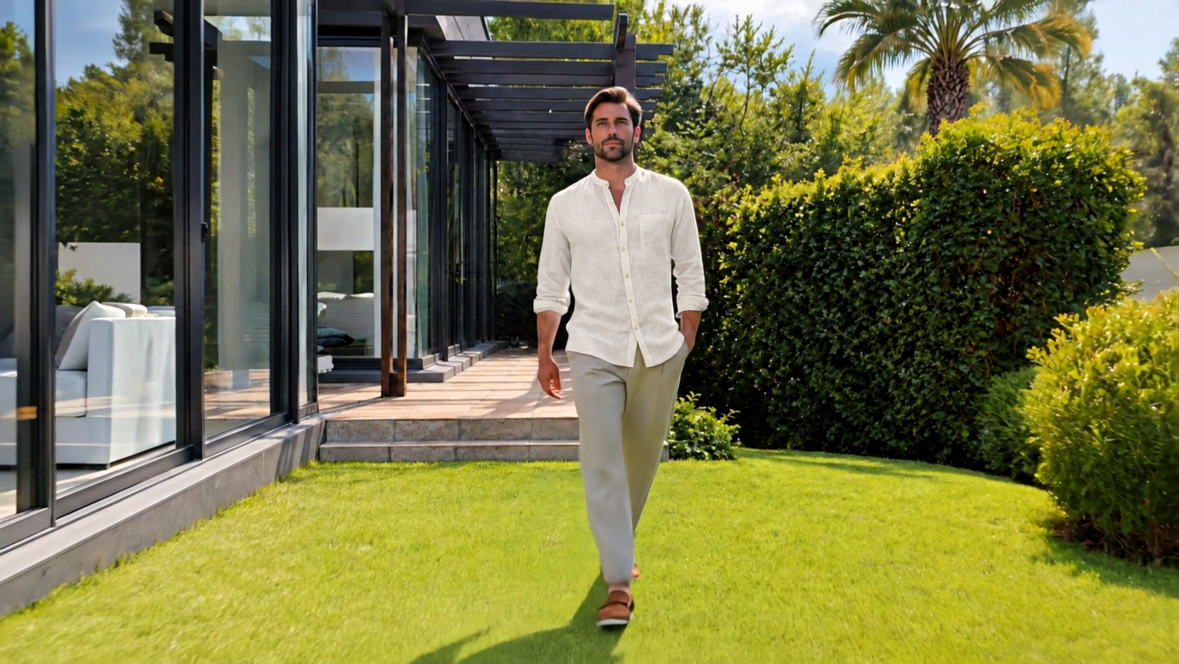 A man wearing an ivory shirt in the garden.